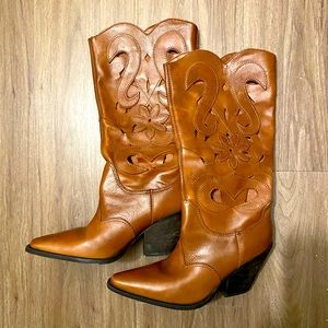 Carlos Tan Brown Leather Cowboy Cowgirl Boots